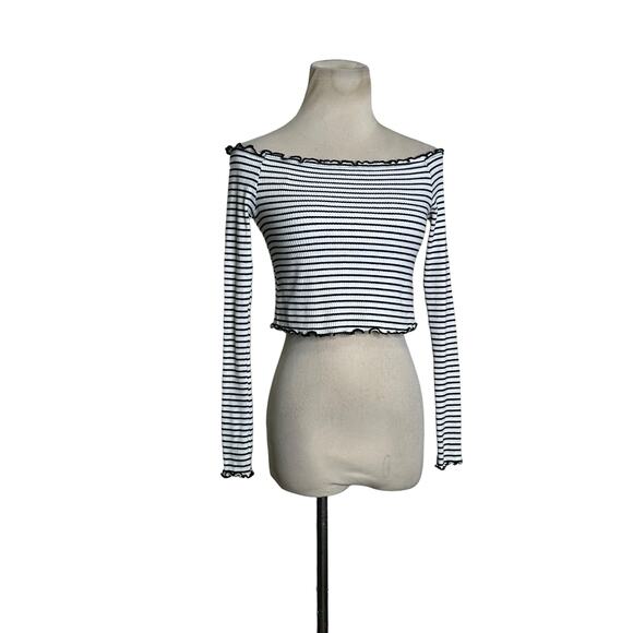 H&M white black stripes long sleeves crop knit top size Small - Picture 10 of 11